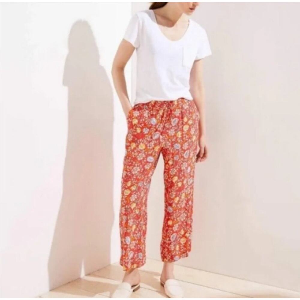 LOFT Red Floral Wide Leg Drawstring Pants